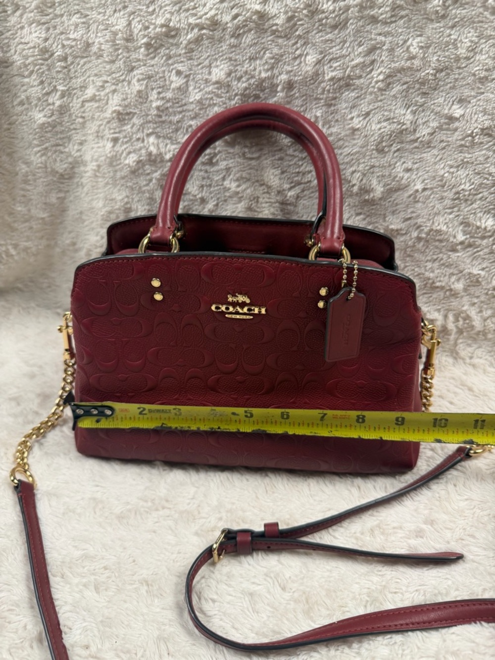 Coach Wine Embossed Leather Satchel with Gold Chain Strap - Picture 4 of 12